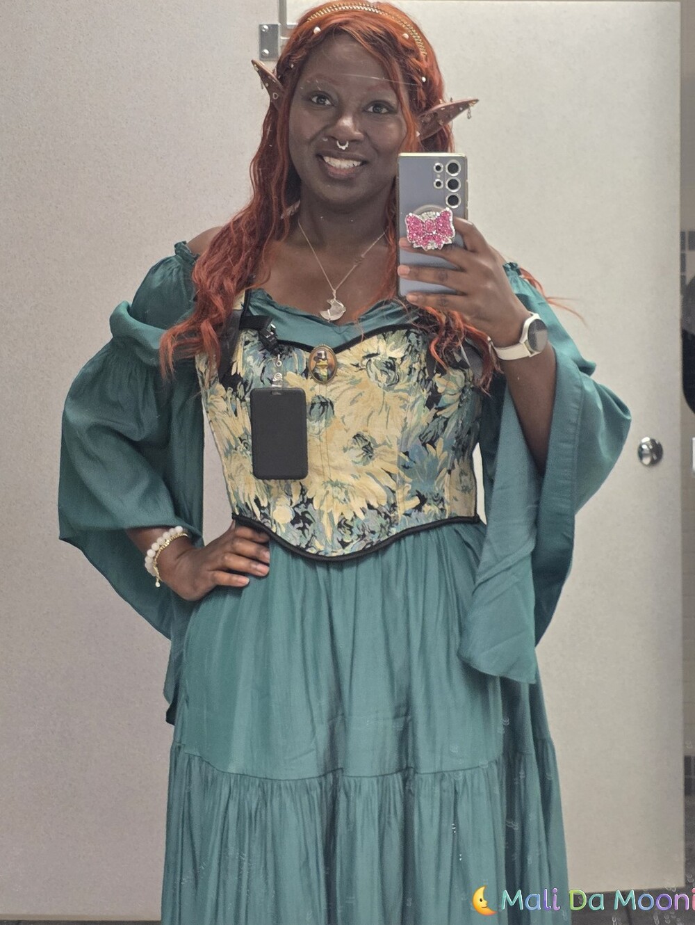 Smocked Waist Off-Shoulder Maxi Dress in Emerald Green - Picture 2 of 7
